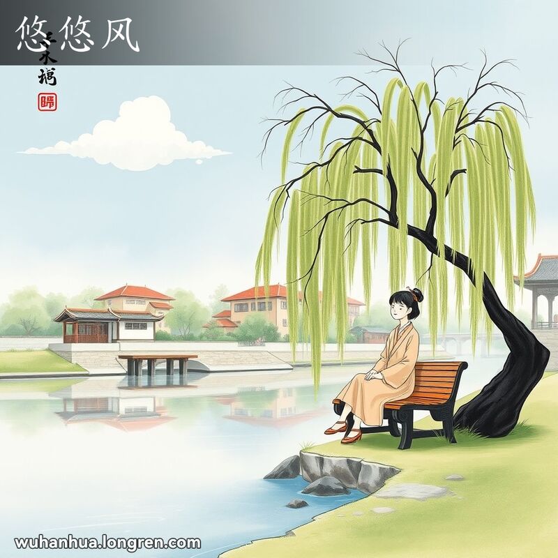 一位武汉市民坐在河边木椅上，感受微风拂面，背景是柳树和河流