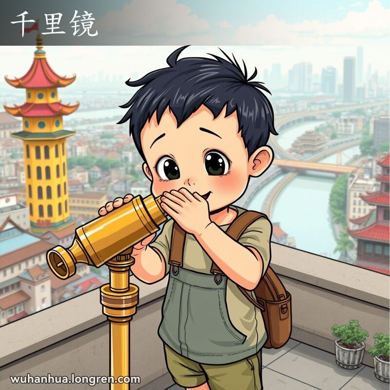 一位武汉孩子站在屋顶平台上，手持望远镜观察远处的城市景象，背景是黄鹤楼和长江。