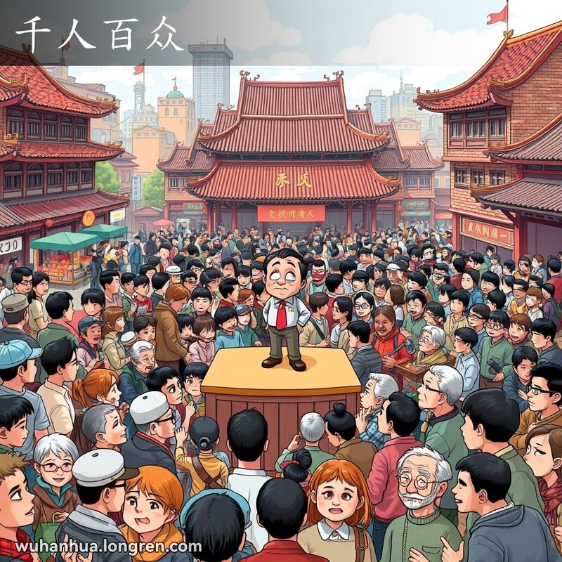 武汉广场上人山人海，一个男子在中央舞台上紧张不安，不敢开口说话，背景是传统建筑和热闹的集会场景。