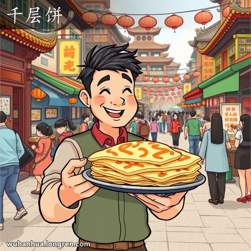 武汉街头小贩手持刚出炉的千层饼，背景是繁忙的市场和行人