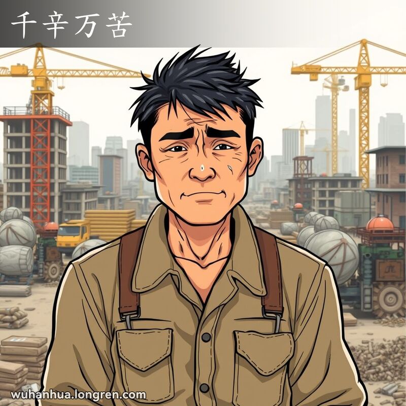 一位工人在建筑工地前擦汗，背景是武汉的黄鹤楼，表现“千辛万苦”的辛勤劳动