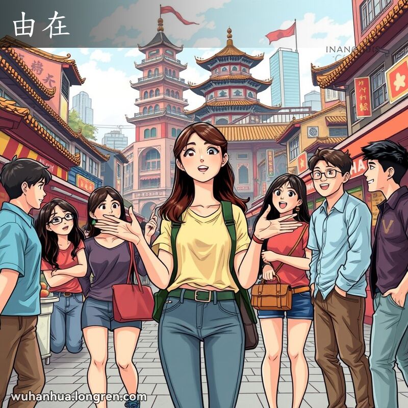 一群朋友在武汉街头，主角女性正在做决定，朋友们期待地看着她，背景有黄鹤楼和长江大桥