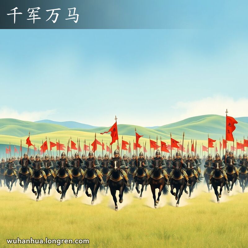 古代中国军队在广阔战场上奔腾，士兵们手持长矛和旗帜，马匹奔驰，尘土飞扬，展现“千军万马”的浩大声势