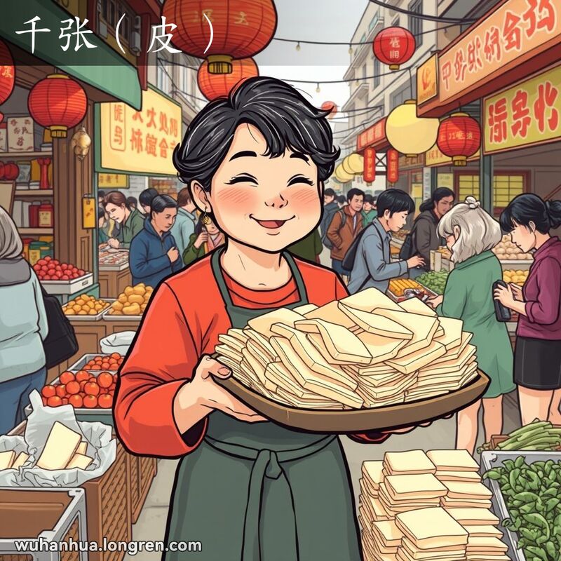 武汉街头市场，摊主展示薄薄的豆腐皮片，背景有其他摊位和顾客。