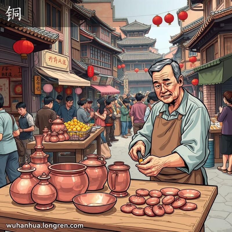 武汉街市上，工匠正在加工铜制品，背景是热闹的市场和老式建筑。
