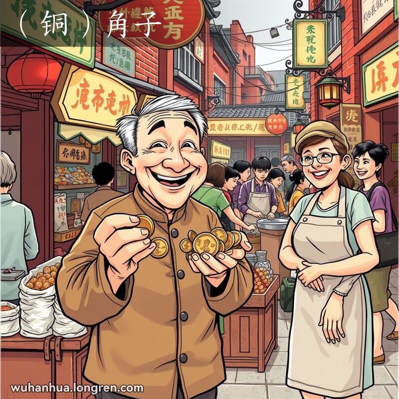 一位老人在武汉老街市场展示手中的铜板，旁边的朋友惊讶大笑，背景是热闹的市场