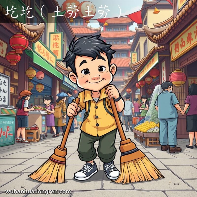 一位武汉市民在市场中认真清扫每个角落，背景是热闹的武汉街景
