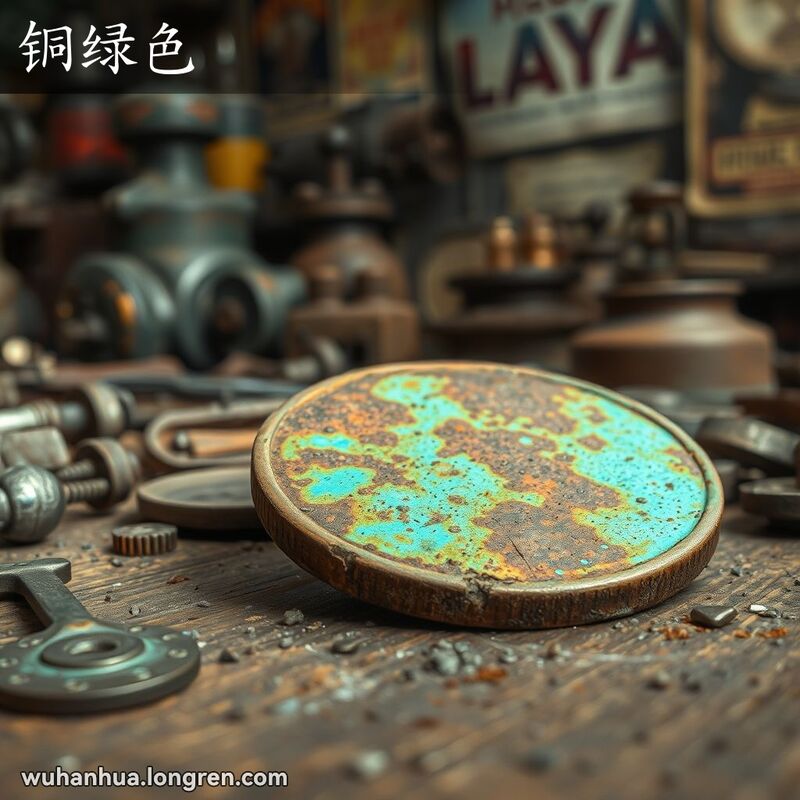 一枚锈迹斑斑的铜制物品，表面覆盖着绿蓝色铜锈，放置在旧木桌上，周围散落着工具和其他金属物件，背景模糊，隐约可见老旧机械和褪色海报。