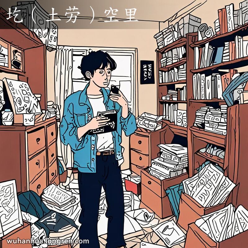 一个人在杂乱的房间里，手拿小物件，露出困惑的表情，背景是武汉家庭场景
