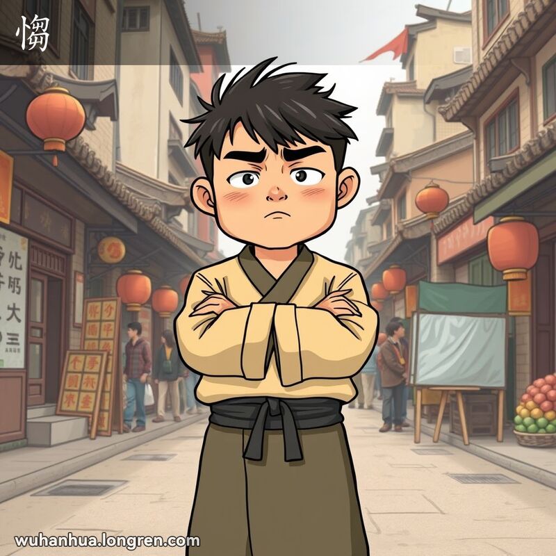 一个固执任性的人站在武汉街头，双臂交叉，皱着眉头，表情坚定，背景是武汉的老建筑和繁忙的市场