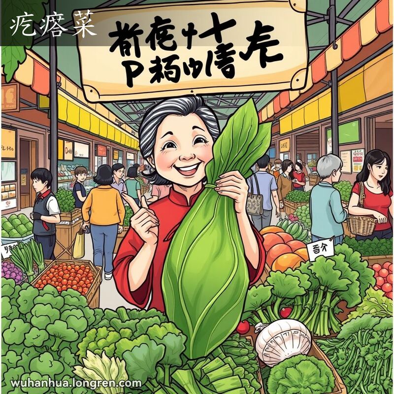 武汉市场上，一位中年妇女在蔬菜摊位前展示大头菜，背景是热闹的市场场景。
