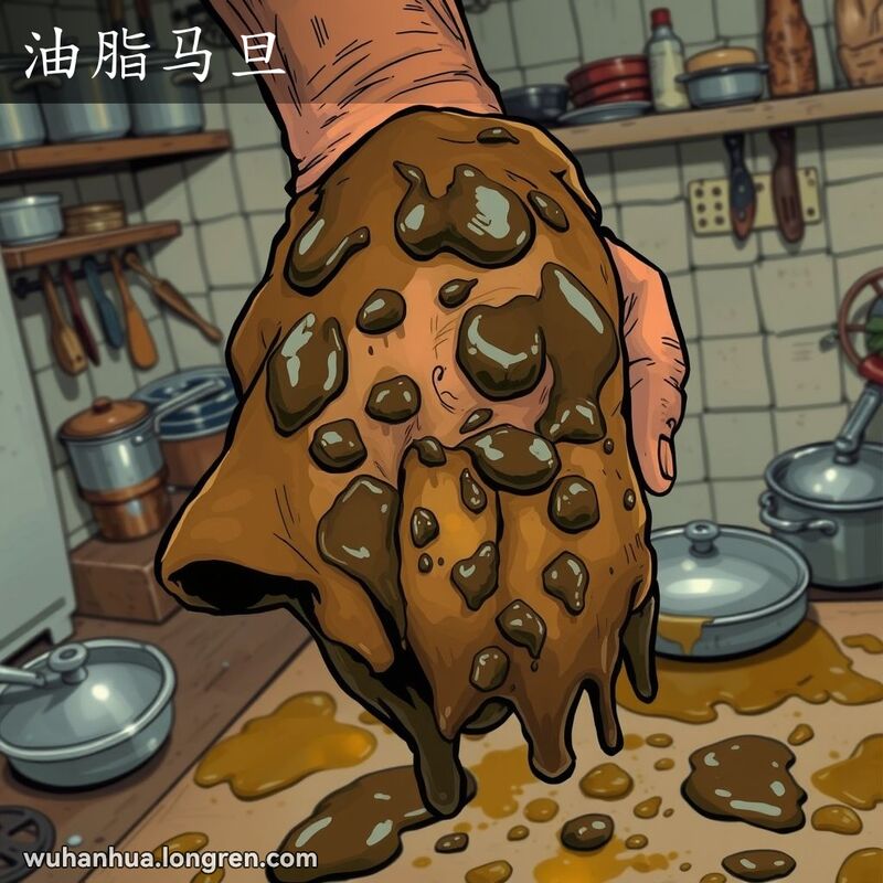一只手拿着沾满油渍的布，背景是凌乱的厨房，桌子上也布满油渍，展现“油脂马旦”的脏乱感。