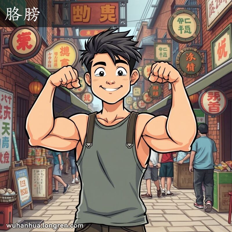 一位年轻男子在武汉老街市场中展示他结实的胳膊肌肉，背景是红砖墙和旧式招牌