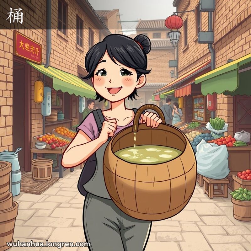 一位武汉女子在街市中提着一个大圆木桶，桶里装满了水，背景是热闹的市场。