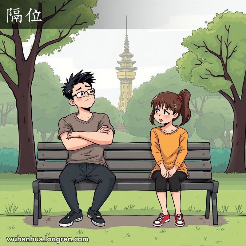 两位朋友在公园长椅上，一位表情冷漠，另一位试图交流，背景是武汉的黄鹤楼。