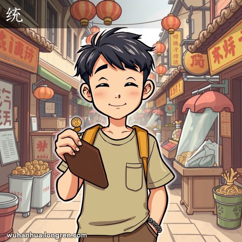 一位武汉市民在市场中将硬币放入钱包，背景是武汉老街景