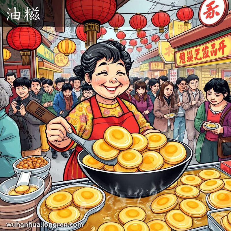 武汉街头市场，摊主在炸油糍，顾客排队等待，背景有其他美食摊位