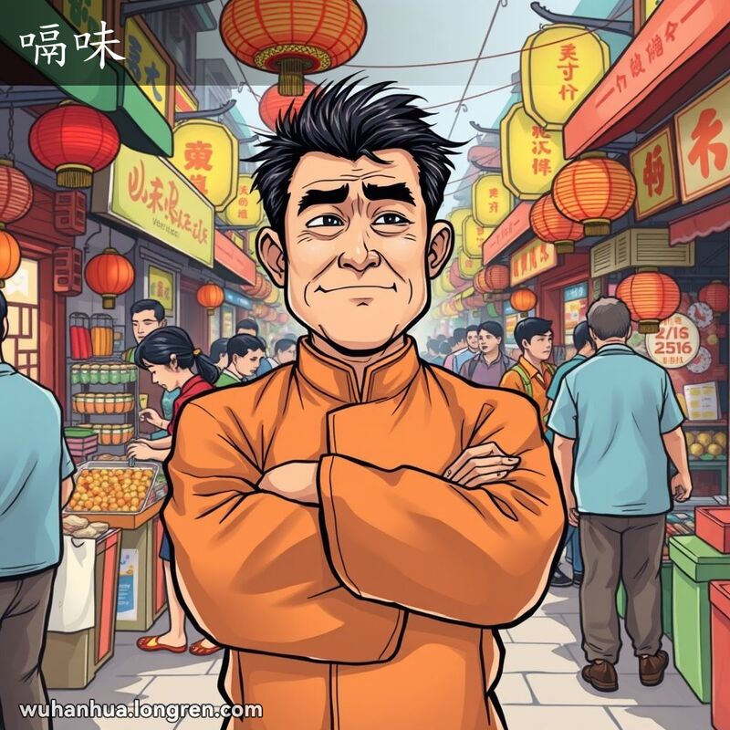 一位冷漠的男子站在武汉市场中，背景是热闹的市场景象