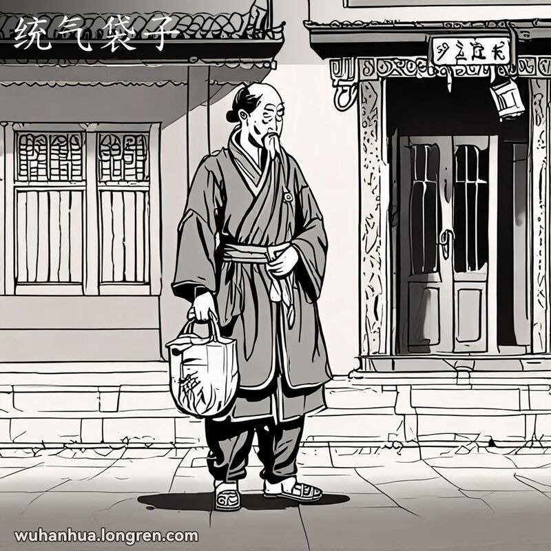 一位武汉人手持破旧布袋，表情无奈，背景是武汉老巷子，象征受气包的角色