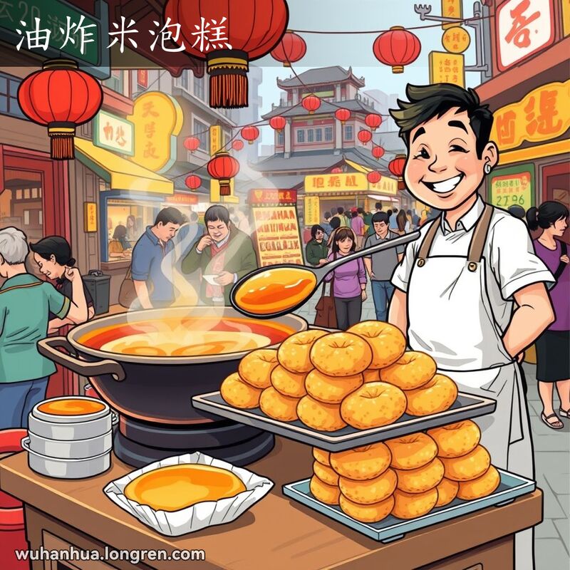 武汉街头市场，摊主在炸米花糖，背景有其他摊贩和行人，画面热闹。
