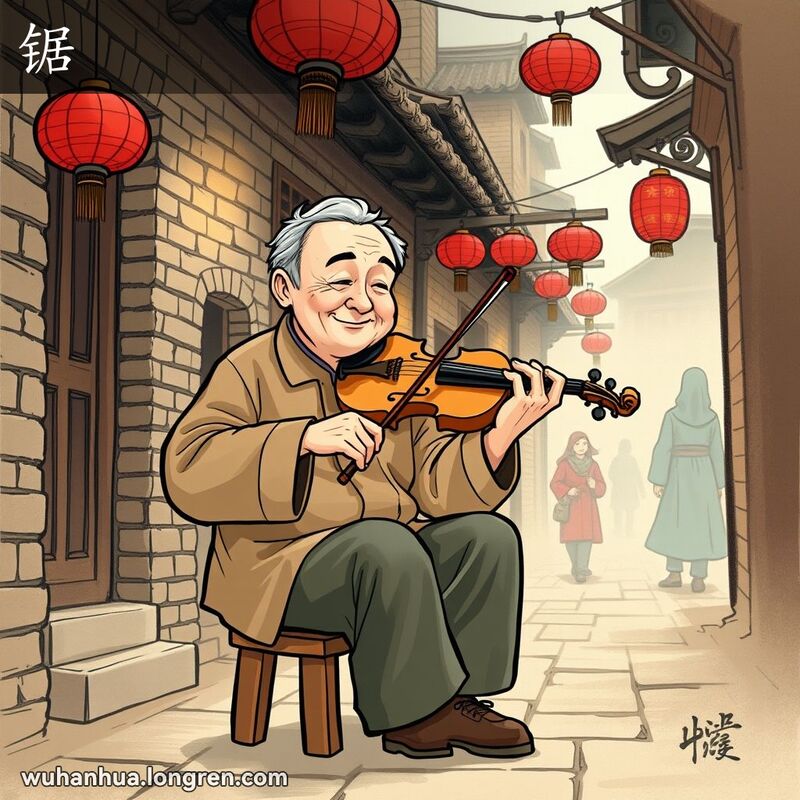 一位传统中国音乐家在武汉老街上演奏小提琴，背景有老砖墙和红灯笼，画面温馨。