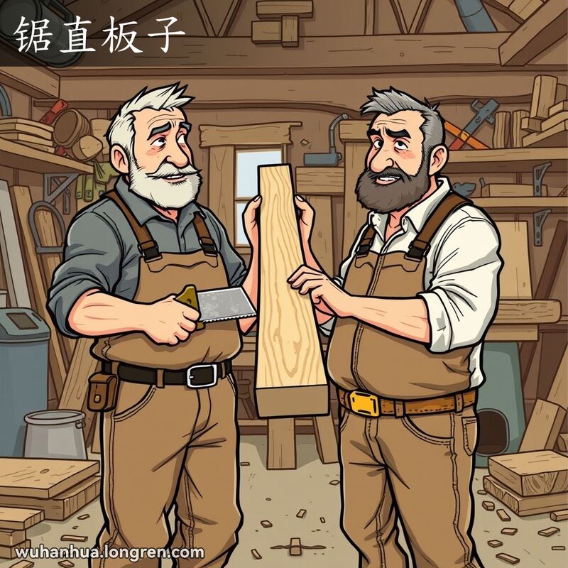 两位男子在木工作坊中手持锯子和木板，准备锯直木板，背景是凌乱的工作环境。