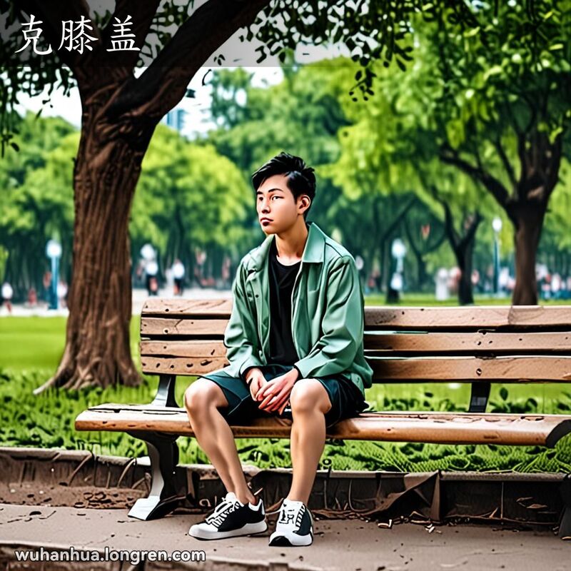 一位武汉市民坐在公园长椅上，双手捧着膝盖，好奇地看着膝盖骨，背景是绿意盎然的公园