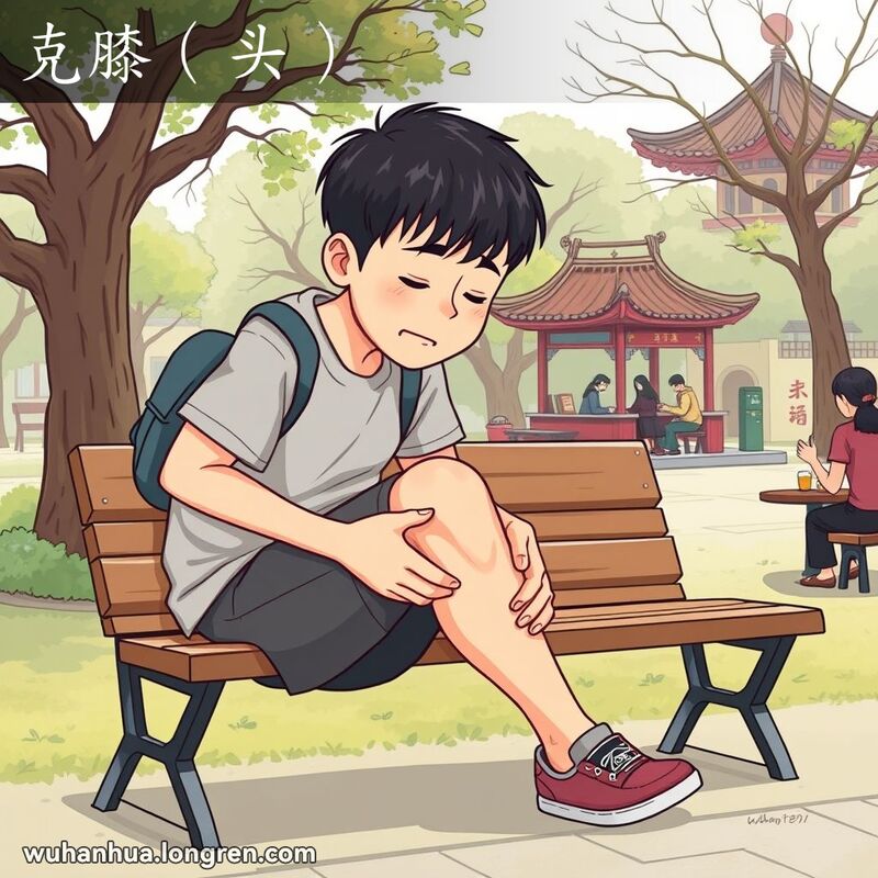 一位年轻的武汉市民坐在公园长椅上，揉着膝盖，背景有老树和传统茶摊