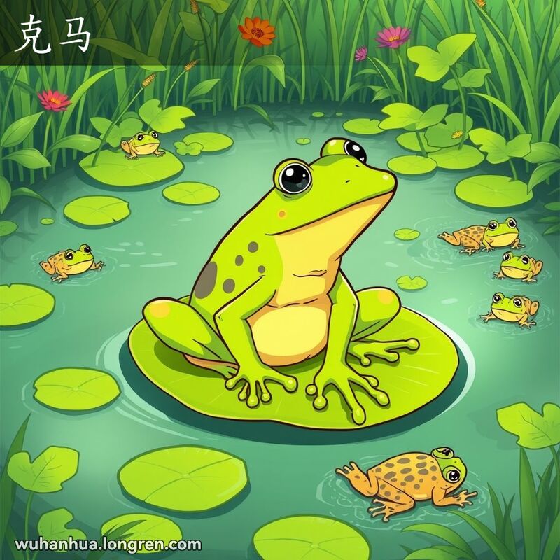 一只大青蛙在武汉乡村的池塘中，展示了“克马”的特征，背景是绿意盎然的池塘和茂盛的植被