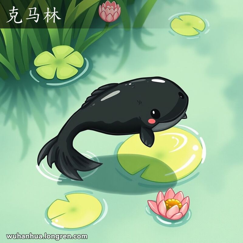 一只黑色的蝌蚪在池塘中游动，背景有绿色水生植物和睡莲叶子，卡通风格，色彩鲜艳。