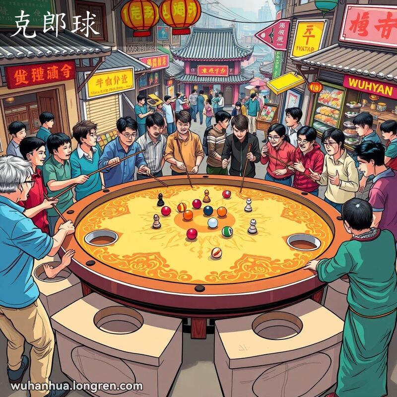 一群人在武汉街头玩克郎球，用长杆将象棋形状的球撞进圆洞