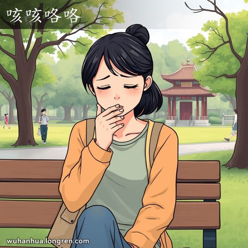 一位年轻的武汉女子坐在公园长椅上，不断地咳嗽，手捂着嘴巴，脸上露出不适和烦躁的表情，背景是宁静的公园景色