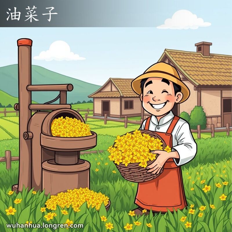 乡村农场场景，农民手持油菜花，旁边有榨油机，背景是田野和农舍