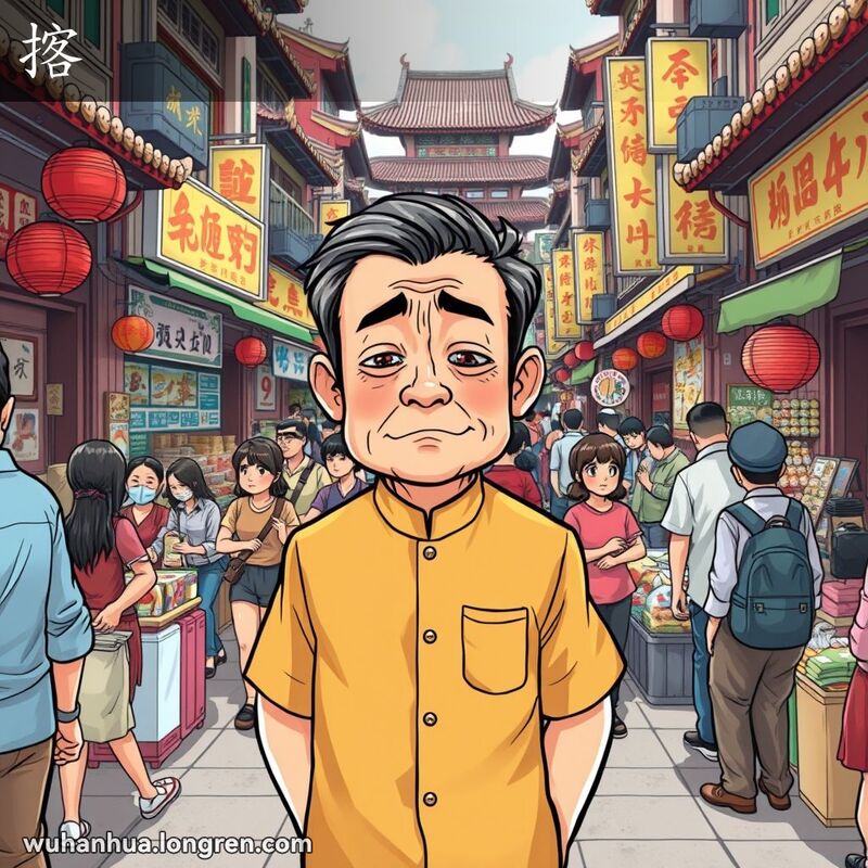 一位中年男子在武汉街市中被堵住，无法动弹，脸上露出无奈的表情，背景是繁忙的街市景象