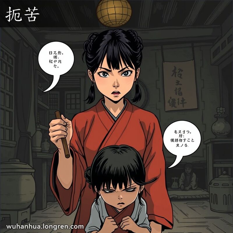 一位年轻女子在昏暗的房间内，手持木棍，面露凶狠之色，站在一个畏缩的小女孩面前，背景是古朴的中国传统家庭场景