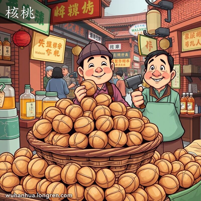 武汉街市摊位上的核桃，摊贩手持核桃和小锤子，背景有核桃油和中药瓶