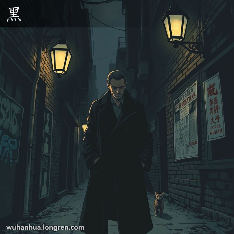 一个穿黑色大衣的男子站在阴暗的武汉老街巷子中，背景有涂鸦和旧海报，气氛阴沉紧张。