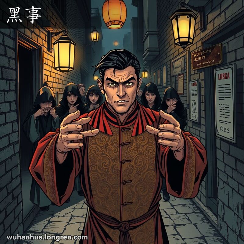 一位男子在阴暗巷子里试图解释难以辩白的事情，背景中人们窃窃私语，投来怀疑的目光。