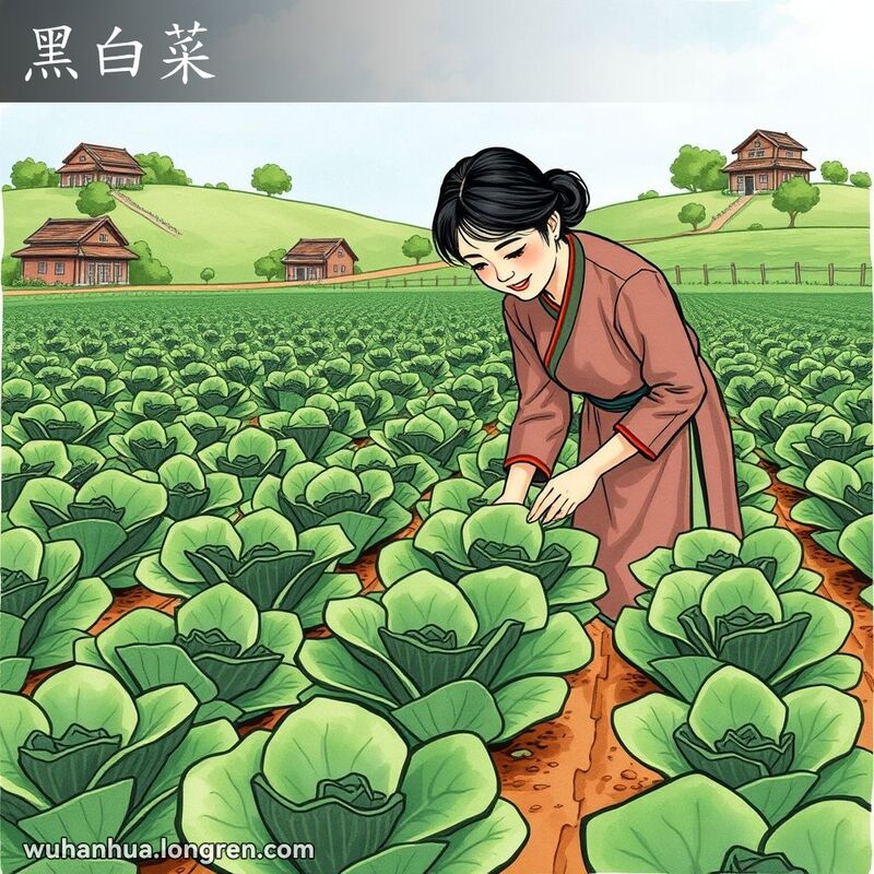 一位武汉妇女在蔬菜园中照料黑白菜，背景是武汉乡村景象