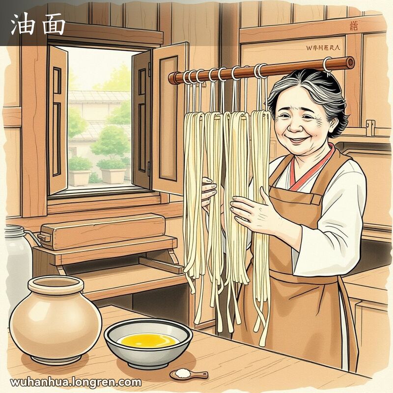 一位中年妇女在传统厨房中制作油面，背景是阳光明媚的庭院