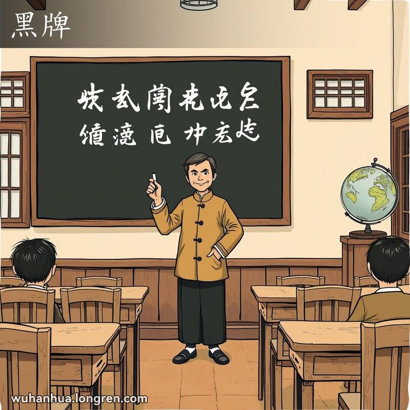 一个旧时武汉教室，老师在黑板上写字，背景有老式窗户和地球仪，学生们专注地看着老师。