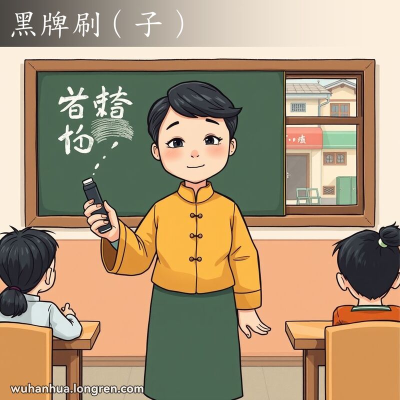 一位老师在教室里用黑板刷清理黑板，背景是武汉街景