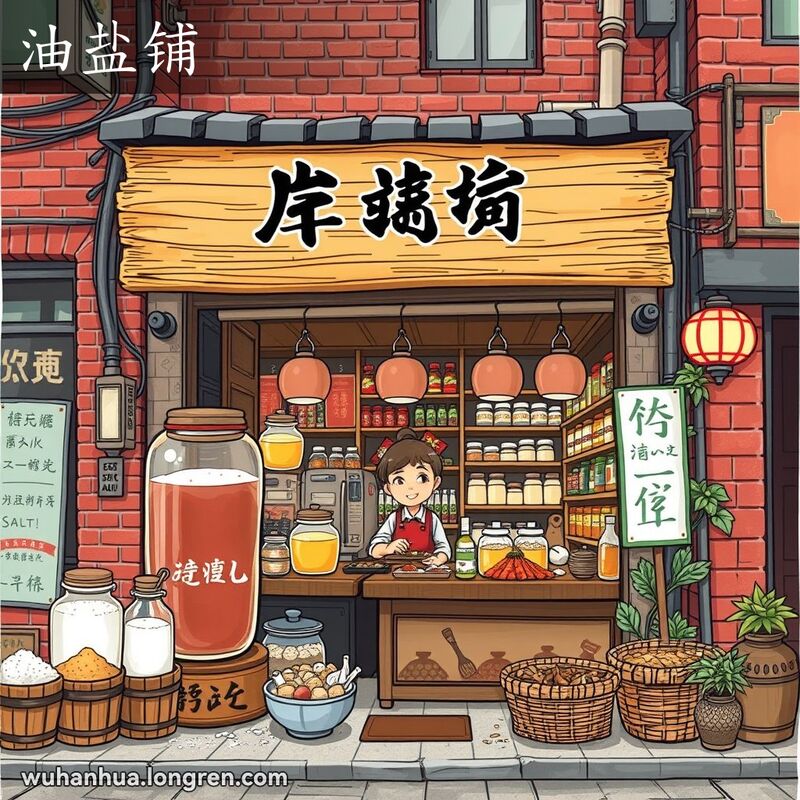 一条繁忙的武汉老街，传统的油盐铺，店主微笑迎客，店内摆满油和盐