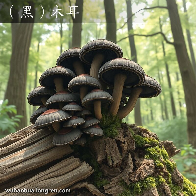 一丛黑木耳生长在腐朽的树干上，背景是茂密的森林和洒下的阳光