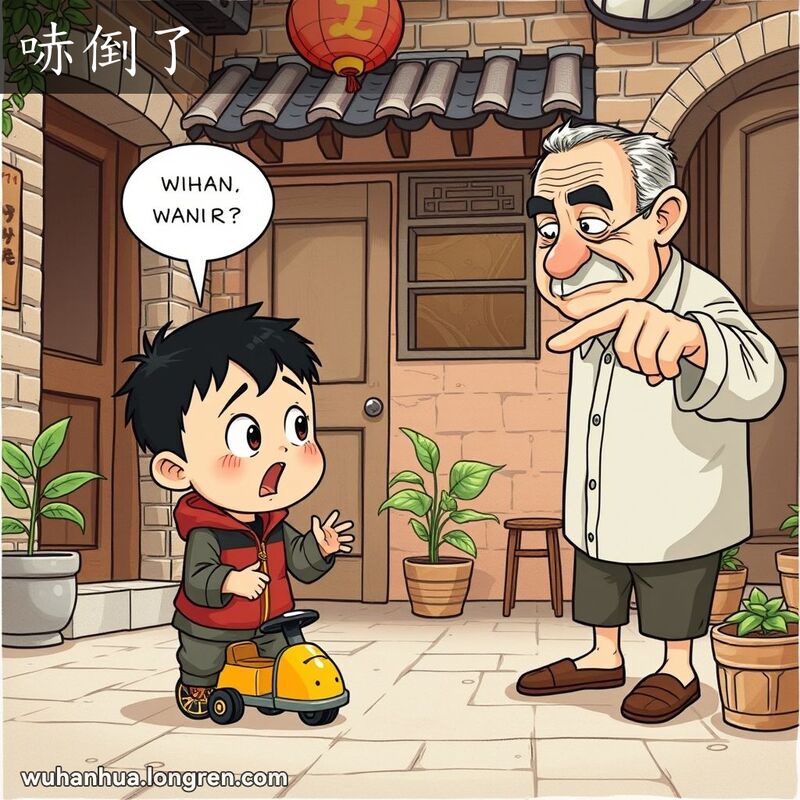 一个武汉小男孩在院子里玩耍时被老人吓到，表情害怕，背景是武汉老院落