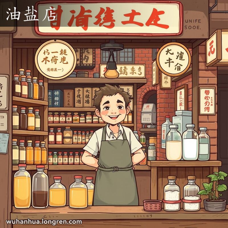 一家传统的武汉油盐店，店主微笑着站在柜台后面，背景是老街区的建筑和招牌。