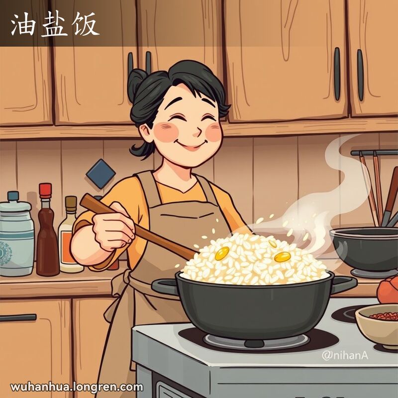 一位中年妇女在传统厨房中炒油盐饭，背景有中式厨房用具和食材
