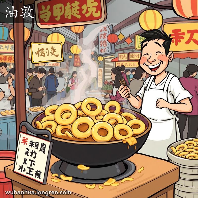 武汉街头小贩在热油锅前炸制油敦，背景是热闹的街头市场