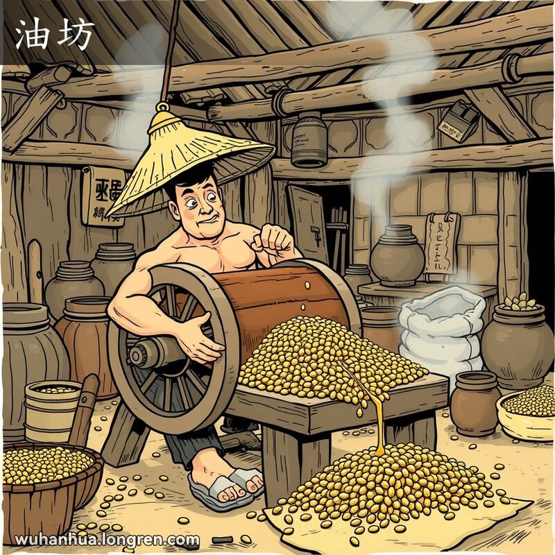 一个壮汉在乡村榨油坊操作大木制榨油机，背景是古老的作坊和榨油工具。