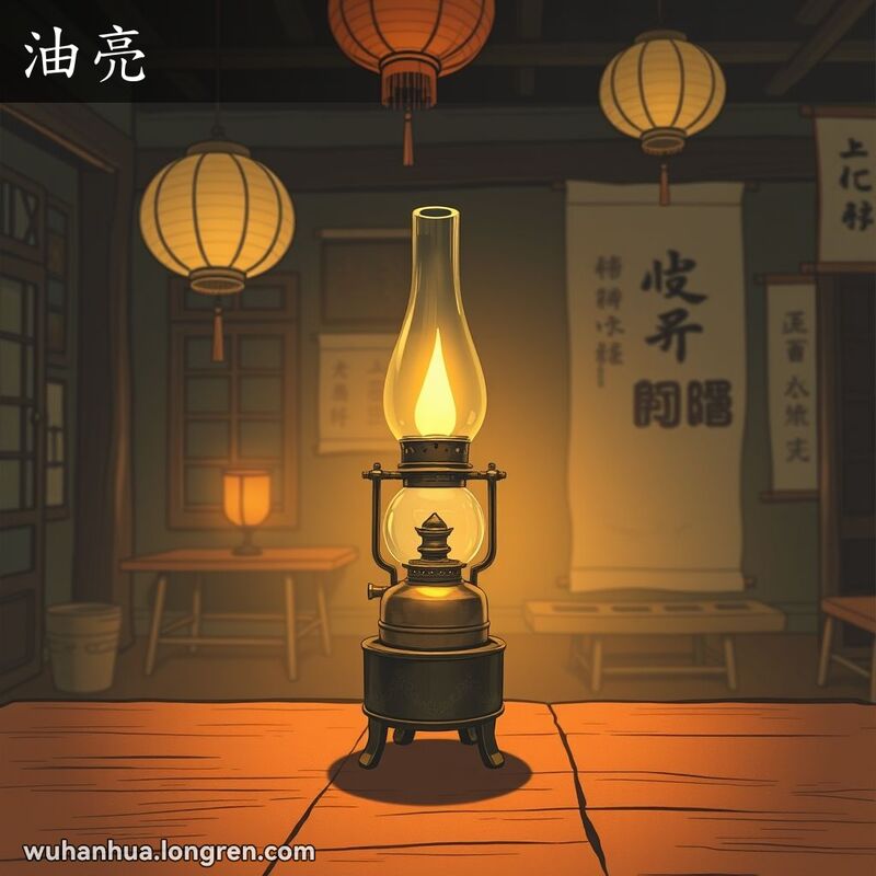 一盏古老的油灯放置在老旧的木桌上，灯光柔和地照亮了周围的环境，背景是一个充满怀旧气息的中式房间。
